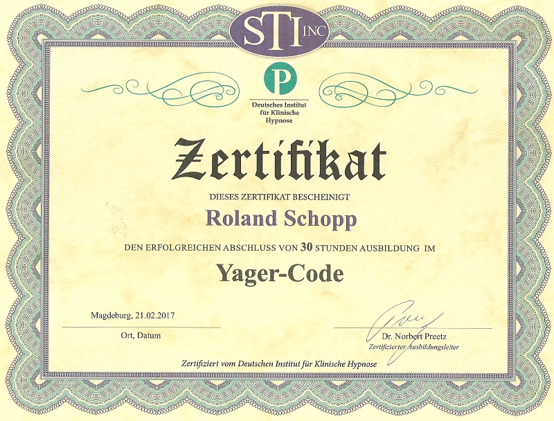 Urkunde Zertifikat Yager Code